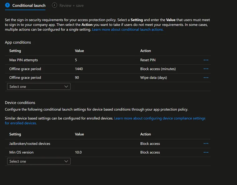 création app protection policy - conditionnal launch
