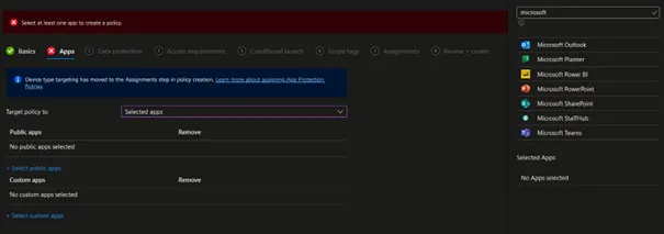 création app protection policy - choix applications