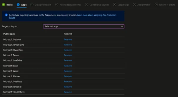 création app protection policy - applications sélectionnées