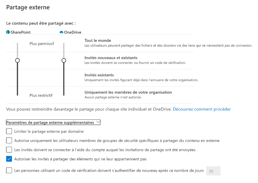 Screenshot administration SharePoint partage externe