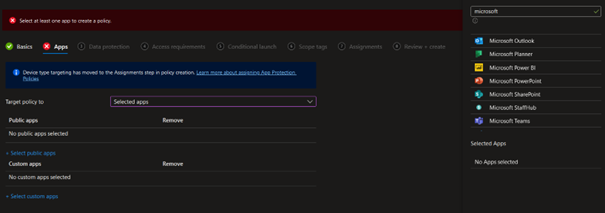création app protection policy - choix applications